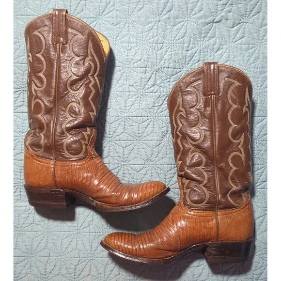 Vintage TONY LAMA Teju Lizard Leather Cowboy Boots Two Tone Men's 8 D USA 8005 - Picture 12 of 14